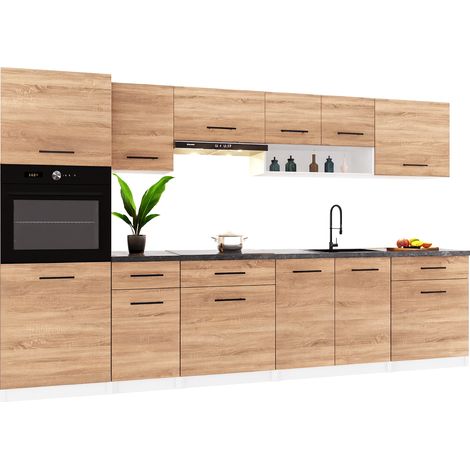 Cuisine complète VIKI BOIS chêne 300 cm avec colonne four 9 éléments 18 mm