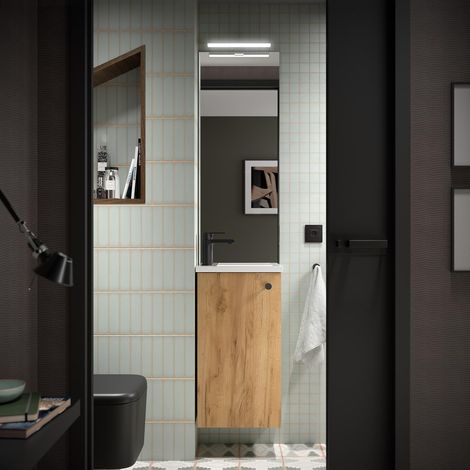 Ensemble complet MARVILLE CHÊNE D'AFRIQUE + meuble-lavabo + miroir + lampe (1/4)