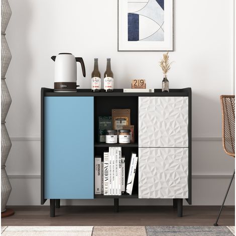 Credenza in MDF nero e blu 90 x 40 x 80 cm, con 2 cassetti, 2 vani aperti e armadietto contenitore (1/5)