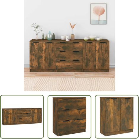 The Living Store 3-tlg. Sideboard Räuchereiche Holzwerkstoff - Sideboard - Wohnwand - Regal - Wohnzimmermöbel - Holzmöbel (1/5)