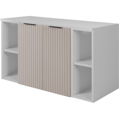 Furnidea - Meuble sous vasque suspendu FLOW CACHEMIIRE 100 cm avec 2 x l'étagères - extensions et plan BLANC - 2 portes - façades rainurées (1/5)