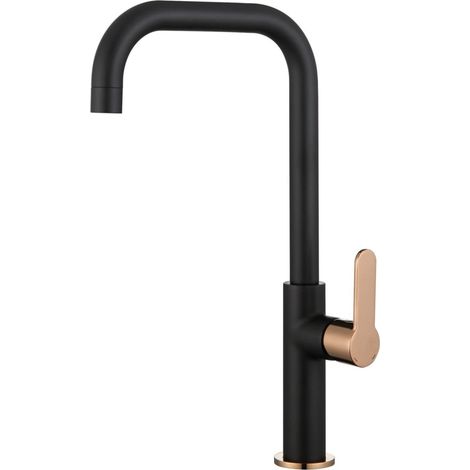 Mitigeur Évier - Manette et Embase PVD, Écrou de Serrage Rapide à la Main - 377 (Hauteur) x 189 (Saillie) mm - Noir/Rose Gold (1/5)
