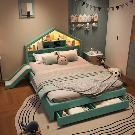 Lit enfant cabane 140x200 cm rembourré avec toboggan - Sommier à lattes tête de lit étagère led usb tiroir coffre de lit - Velours bleu-vert (1/5)