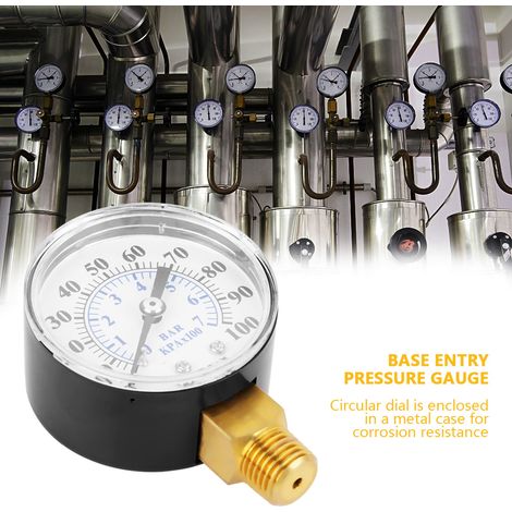 Manomètre à cadran 0-100 psi / 0-7 bar pour eau, air et huile, embase NPT 1/4". (1/5)