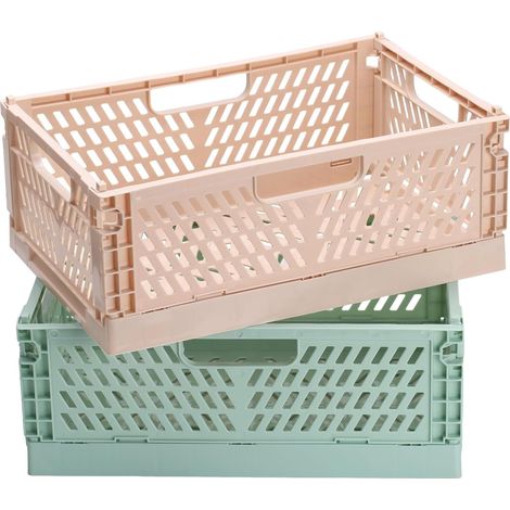 Caisse Pliable - 2 Pièces - Plastique Robuste - Empilable Gain De Place - Cuisine Bureau Salle De Bain - 30,5x20x11,5 Cm Vert Beige (1/5)