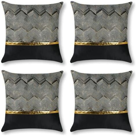45x45cm Set de 4 (Noir) Housses de coussin Luxe Cuir Doré Couture Ondulé Stripe Taie D’oreiller Minimaliste Taies De Coussin Cuir Rayé Or Pour Lit Canapé Voiture Extérieur Canapé Décor Houss