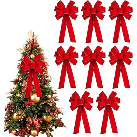 Papillon De Noël, Pointe d Arbre de Noël en Velours Rouge, 8 Pièces Ornements Bord Doré pour Couronne Décoration Maison Intérieur Extérieur Portail Jardin Cheminée (1/5)