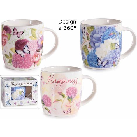 Tazze floreali in porcellana satinata in confezione regalo, set da 6 pezzi, Ø 8,5 cm x 9 H