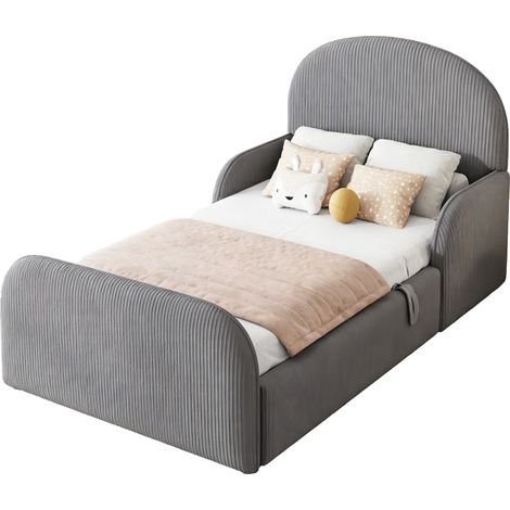 Lit enfant 90x200 avec rangement hydraulique, tête et pied de lit hauts, barrières de sécurité semi-hautes, velours gris, pour chambre d’enfant CHICFURN (1/5)