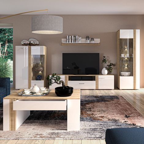 Wohnwand in Eiche Nb. AKRON-131 modern mit Fronten in weiß Hochglanz 5-teilig inkl. Couchtisch (1/5)
