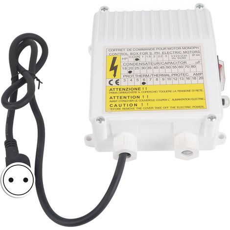 Boîtier de commande avec disjoncteur thermique intégré pour pompes d'aspiration domestiques submersibles de puits profonds 0,55 kW 0,5 CV 20 µF 5 A Prise UE 220 V