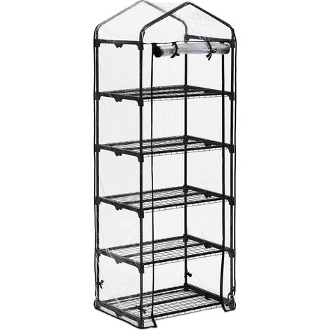 Relaxdays Greenhouse For Balcony, PVC Film , Steel, HxWxD: 192 x 69 x 50 cm, Propagator 5 Levels, Black/Transparent (1/5)