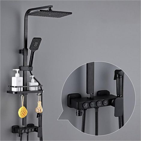 Ensemble de douche mitigeur thermostatique intelli Ensemble de douche numérique chaud et froid robinet système de douche de salle de bains robinet de douche en or noir pommeau de douche carré système (1/5)