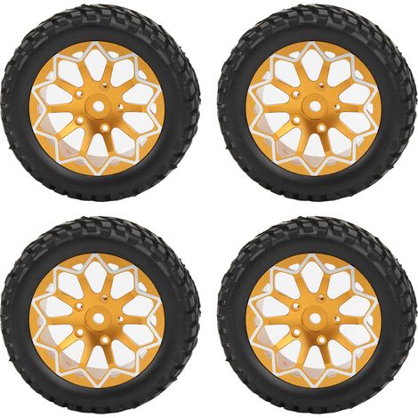 Roues et pneus en aluminium dorés pour voiture radiocommandée à l'échelle 1/10 : jantes en aluminium et pneus en caoutchouc. (1/5)