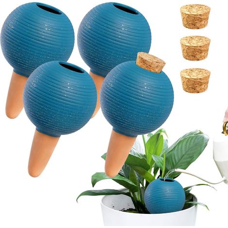 Lot de 4 cônes d'irrigation en argile pour plantes - Volume de 400 ml chacun - Arrosage automatique des plantes pour plantes d'intérieur et jardinières de balcon - Bleu (1/5)