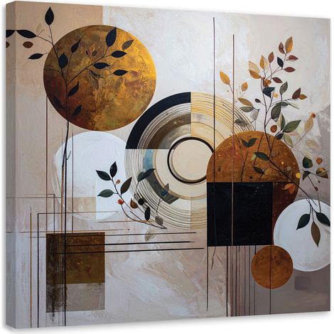 Impression sur Toile, Abstraction moderne cercle feuilles beige,30x30 (1/4)