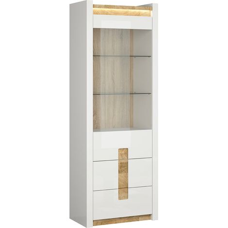Vitrine 1 porte 2 tiroirs avec LED Helios Blanc laqué et Bois (1/3)