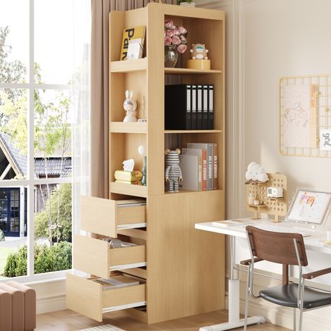Regal aus Spanplatte Eiche 60 x 40 x 200 cm mit 3 offenen Fächern und 3 Schubladen, beidseitig montierbar (1/5)
