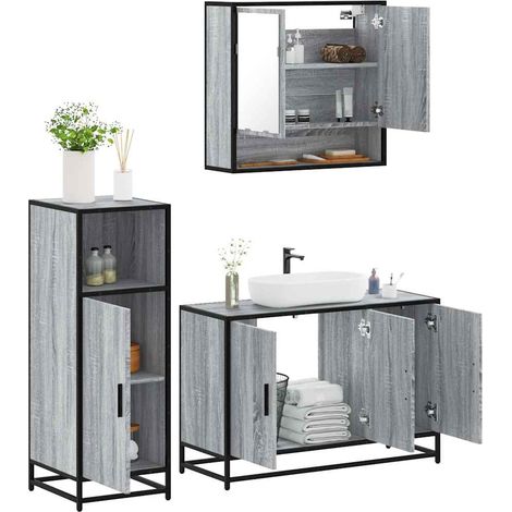 3-tlg. Badmöbel-Set Grau Sonoma Holzwerkstoff