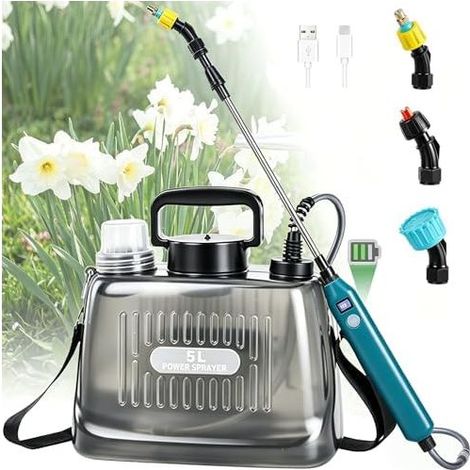 Elektrische Gartenspritze mit 3 verstellbaren Düsen, automatischer Pumpendruckregelung, batteriebetrieben für Pflanzen, Garten, Unkrautbekämpfung und Autowäsche (5 l) 5 l - (1/5)