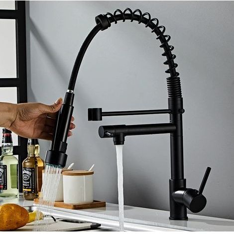 Robinet cuisine mitigeur extractible 2 modes de pulvérisation – Acier inoxydable noir – Rotation 360° – Installation rapide avec accessoires inclus (1/5)