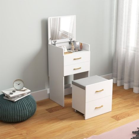 Coiffeuse 3 en 1 avec miroir, table de chevet, tabouret à roulettes et tiroirs, blanche (1/5)
