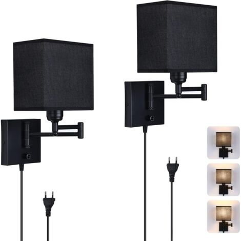 Lot de 2 Applique Murale Dimmable Lampe Murale à Bras Long Balançoire Réglable Rotation à 270 Degrés avec Interrupteur Fil Tissu Noire Ampoule E27 pour Chambre Salon Loft (1/5)