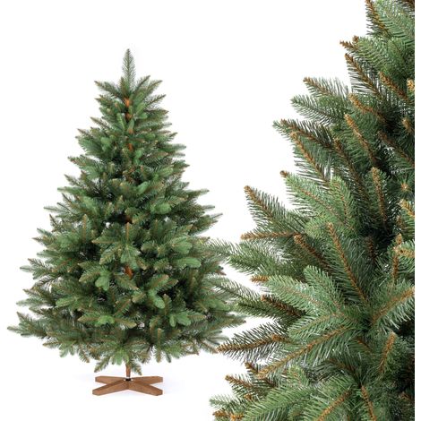 Fairytrees Künstlicher Weihnachtsbaum Nordmanntanne Premium, mit braunem Stamm und Echtholz Baumständer (1/5)