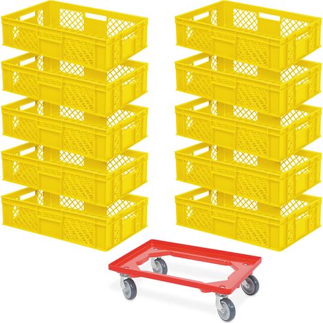 BRB Lot de 10 bacs euro, L x l x H 600 x 400 x 150 mm, qualité industrielle, qualité alimentaire + 1 chariot de transport avec planche en plastique ABS incassable (jaune/rouge) (1/2)