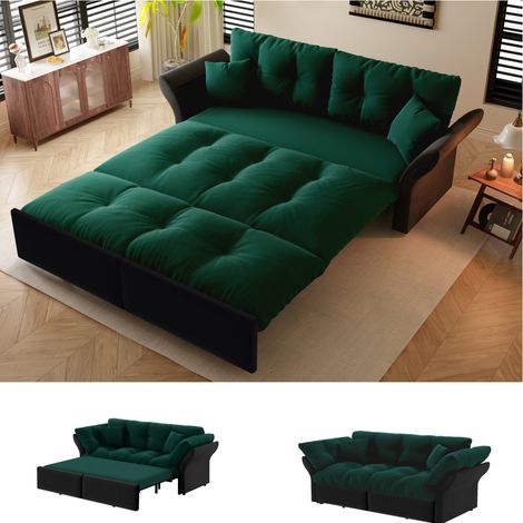 Canapé convertible 2 places 3-en-1, canapé-lit Queen Size capitonné avec 2 coussins, velours vert, couchage 154 x 203 cm, 190 x 85 x 91 cm (1/5)