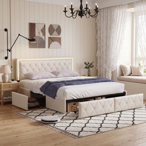 Lit 140x190 avec sommier, lit 2 personnes avec 4 tiroirs, lit led 140x190, Tête de lit réglable, PU, blanc cassé (1/5)
