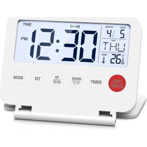 Mini réveil de voyage pliable numérique, écran LCD rétroéclairé, thermomètre, snooze, date et heure, horloge bureau pour chambre, cuisine (1/4)