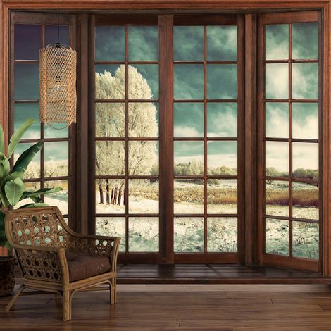 Papier peint panoramique Trompe l'oeil Fenêtre en bois - Paysage hivernal - 130 cm x 104 cm (1/5)