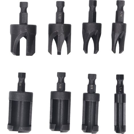8 Pièces Forets à Bouchons Bois Acier Carbone Queue Hexagonale 1/4in Tailles 5/8in 3/8in 1/2in Droit et Conique (1/5)