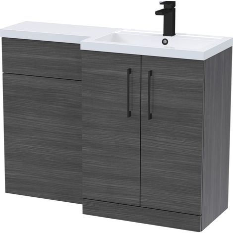 Balterley Right-Hand Bathroom Vanity and WC Unit Combination, Basin - 1100mm - Woodgrain Anthracite, Black Handles (1/5)