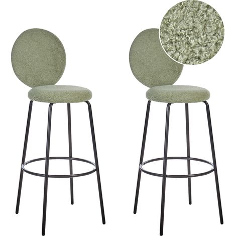 Conjunto de 2 sillas de bar de bouclé patas de acero negro respaldo redondo patas de tapas comedor verde claro Emery (1/5)