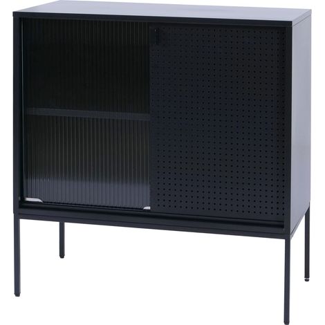 Commode avec portes coulissantes en verre strié style industriel 85x80x45 cm en acier noir 040008868