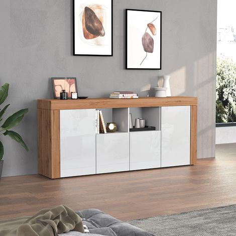Buffet/bahut contemporain 200 cm blanc brillant/chêne wotan Neros (1/5)
