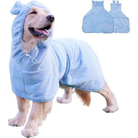 Bata absorbente y de secado rápido para mascotas, Con capucha de forro polar coral, Correa ajustable para el vientre, Azul, talla XS (1/5)