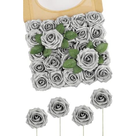 Künstliche Blumen Glitter Rose, 25 Stück Medium Silver Glitzernde Faux Schaum Rosen für Hochzeit Sträuße Party Büro Baby Dusche Home Weihnachtsdekoration (1/5)