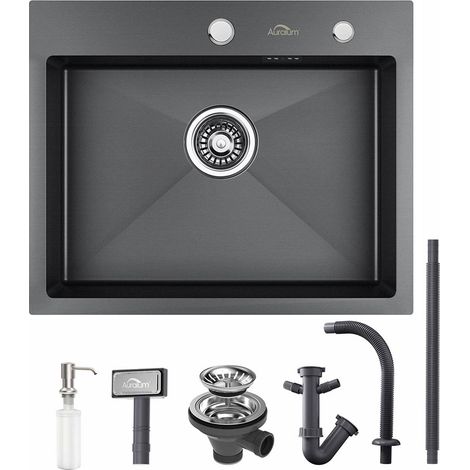 Auralum 55 x 45 x 18.5 cm Lavello Cucina 1 Vasca in Acciaio Inox Nero/grigio scuro Lavello Incasso Vasca Singola con 2 fori di montaggio per rubinetto e distributore di sapone