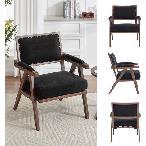 Fauteuil lounge en tissu style mid-century moderne, fauteuil 1 place avec accoudoirs, structure en bois et assise rembourrée, idéal salon, chambre, bureau,Noir