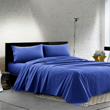 Completo Lenzuola Matrimoniale 100% Cotone Percalle 210 Tc Certificato OEKO-TEX Confezionato in Italia Lenzuolo con Angoli Maxi 30 cm, 2 Federe con Patella Blu (1/4)