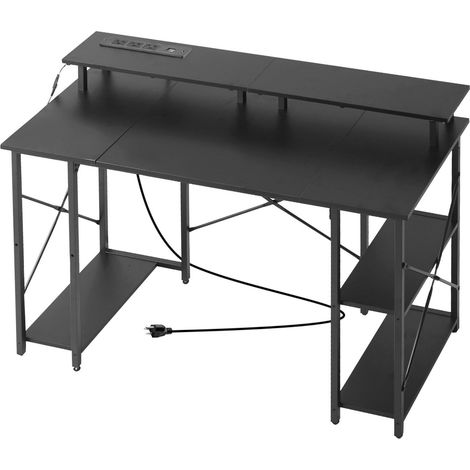 Bureau d'ordinateur 120 cm avec LED intelligentes et prises intégrées, réversible pour gaming ou bureau, avec support moniteur et étagères 2 niveaux, noir. (1/5)