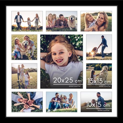 Cadre Collage 50x50 cm avec Plexi Poli - Cadre Pêle-Mêle pour une Photo 20x25 cm, Quatre 12,5x12,5 cm et Six 10x15 cm ou Utilisation en 50x50 cm - Noir (1/5)