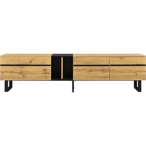 Modernes TV-Lowboard 180 cm aus Holzdekor-Spannplatte mit Klappe, offenen Fächern und Türen (1/5)