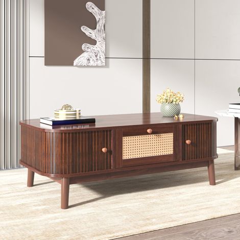 Table basse cannage rotin 110x55x38,5 cm, table de salon avec 1 tiroir, 2 portes coulissantes, grand rangement, pieds bois massif, effet noyer (1/5)