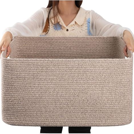 75L Large Blanket Basket, Woven Blanket Storage Basket with Handle, Cotton Rope Basket for Organizing 22”x17”x12”, Blanket Basket living Room, Toy Basket for Nursery, Brown variegated (1/5)