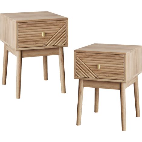 URBAN MEUBLE Lot de 2 tables de chevet effet chêne clair poignées métalliques dorés 40x40x55cm (1/5)