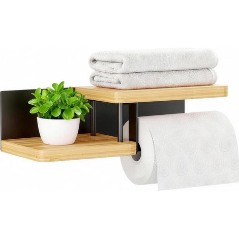 Porte-papier toilette avec étagère, porte-papier toilette en bois en acier et bambou, porte-papier toilette sans perçage, porte-rouleau de papier toilette adapté pour les toilettes et les cuisines. (1/5)